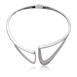 Colar de aro cravejado de zircônia cristal banho em ródio branco