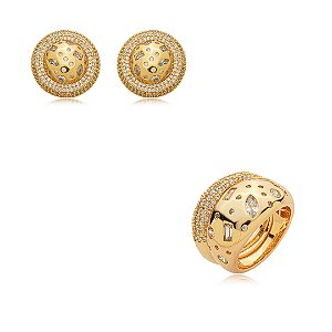 Conjunto de brinco e anel cravejado de zircônia cristal banho em ouro 18k