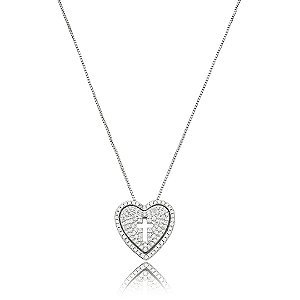 Colar com pingente de coração cravejado de zircônia cristal banho em ródio branco