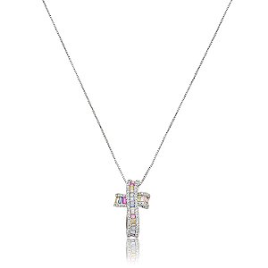 Colar com pingente de curz cravejado de zircônia rainbow banho em ródio branco