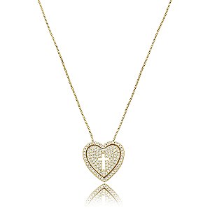 Colar pingente de coração cravejado de zircônia cristal banho em ouro 18k