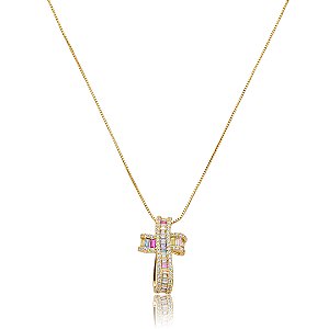 Colar pingente de cruz cravejado de zircônia rainbow banho em ouro 18k
