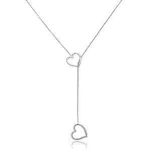 Colar com pingente de coração duplo liso banho em ródio branco