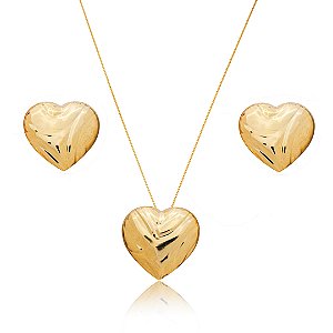 Conjunto de brinco e colar de coração liso banho em ouro 18k