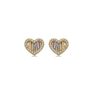Brinco de coração cravejado de zircônia rainbow banho em ouro 18k