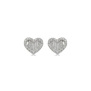 Brinco de coração cravejado de zircônia cristal banho em ródio branco