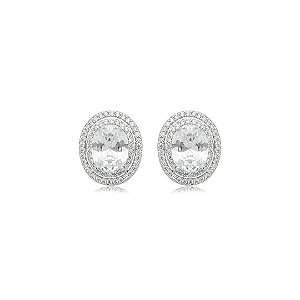 Brinco de base oval cravejado de zircônia cristal banho em ródio branco