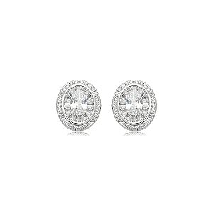 Brinco de base oval cravejado de zircônia cristal banho em ródio branco