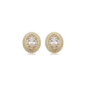 Brinco de base oval cravejado de zircônia cristal banho em ouro 18k