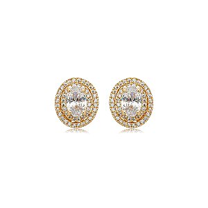 Brinco de base oval cravejado de zircônia cristal banho em ouro 18k