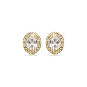 Brinco de base oval cravejado de zircônia cristal banho em ouro 18k