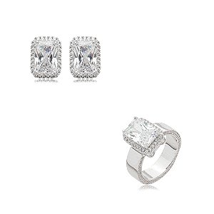 Conjunto de brinco e anel cravejado de zircônia cristal banho em ródio branco