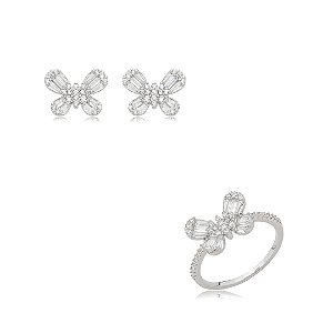 Conjunto de brinco e anel cravejado de zircônia cristal banho em ródio branco