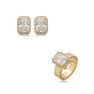 Conjunto de brinco e anel cravejado de zircônia cristal banho em ouro 18k