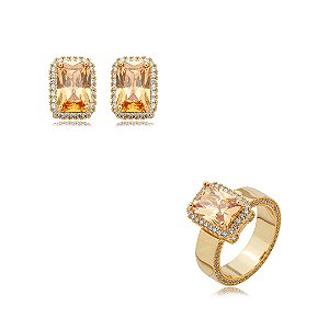 Conjunto de brinco e anel cravejado de zircônia morganita banho em ouro 18k