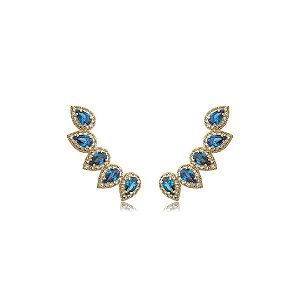 Brinco ear cuff cravejado de zircônia safira banho em ouro 18k