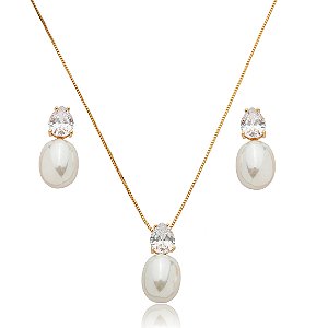 Conjunto de brinco e colar de pérola banho em ouro 18k