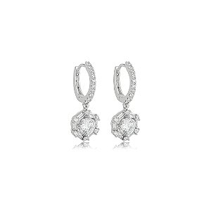 Brinco de argola cravejado de zircônia cristal banho em ródio branco