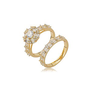 Dupla de anéis cravejados de zircônia cristal banho em ouro 18k