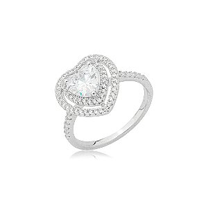 Anel de coração cravejado de zircônia cristal banho em ródio branco