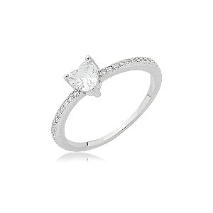 Anel de coração cravejado de zircônia cristal banho em ródio branco