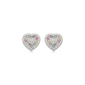 Brinco de coração cravejado de zircônia rainbow banho em ródio branco