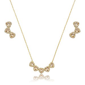 Conjunto de brinco e colar de coração cravejado de zircônia morganita banho em ouro 18k
