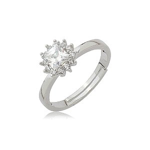 Anel cravejado de zircônia cristal banho em Ródio branco