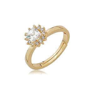 Anel dourado cravejado de zircônia cristal banho em ouro 18k