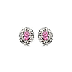 Brinco de base oval cravejado de zircônia pink e cristal banho em ródio branco