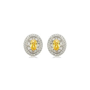 Brinco de base oval cravejado de zircônia yellow fancy e cristal banho em ródio branco