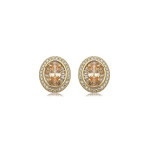 Brinco de base oval cravejado de zircônia citrino e cristal banho em ouro 18k
