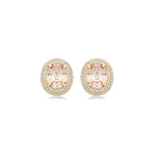 Brinco de base oval cravejado de zircônia citrino e cristal banho em ouro 18k