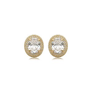 Brinco de base oval cravejado de zircônia cristal banho em ouro 18k