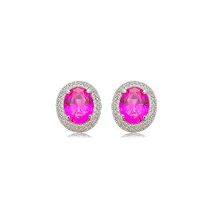 Brinco de base oval cravejado de zircônia pink e cristal banho em ródio branco