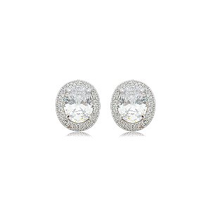 Brinco de base oval cravejado de zircônia cristal banho em ródio branco