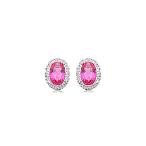 Brinco de base oval cravejado de zircônia pink e cristal banho em ródio branco