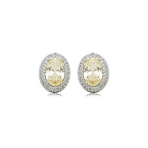Brinco de base oval cravejado de zircônia yellow fancy e cristal banho em ródio branco