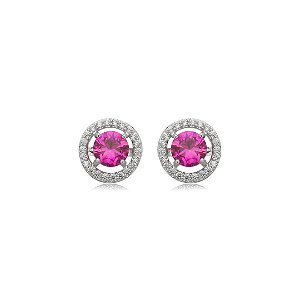 Brinco de base redondo cravejado de zircônia pink e cristal banho em ródio branco