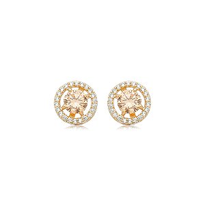Brinco de base redondo cravejado de zircônia citrino e cristal banho em ouro 18k