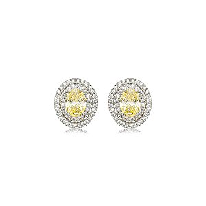 Brinco de base oval cravejado de zircônia yellow fancy e cristal banho em ródio branco