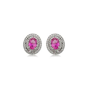 Brinco de base oval cravejado de zircônia pink e cristal banho em ródio branco