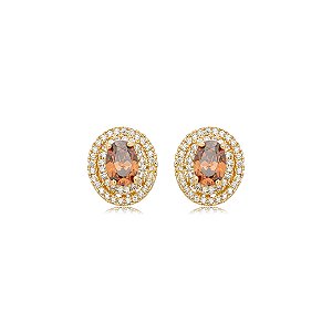 Brinco de base oval cravejado de zircônia granada e cristal banho em ouro 18k