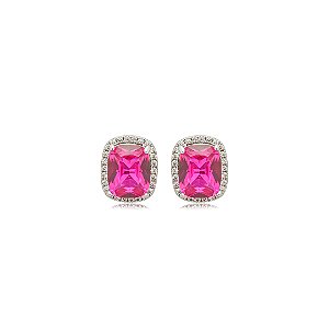 Brinco de base cravejado de zircônia pink e cristal banho em ródio branco