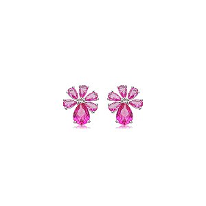 Brinco de base cravejado de zircônia pink banho em ródio branco