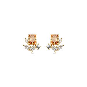 Brinco de base cravejado de zircônia citrino e cristal banho em ouro 18k