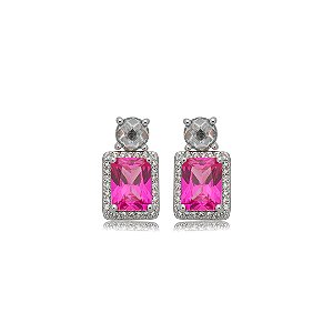 Brinco de base cravejado de zircônia pink e cristal banho em ródio branco