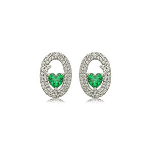 Brinco de coração cravejado de zircônia esmeralda e cristal banho em ródio branco