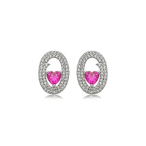 Brinco de coração cravejado de zircônia pink e cristal banho em ródio branco