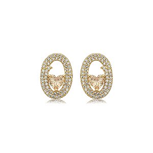 Brinco de coração cravejado de zircônia citrino e cristal banho em ouro 18k